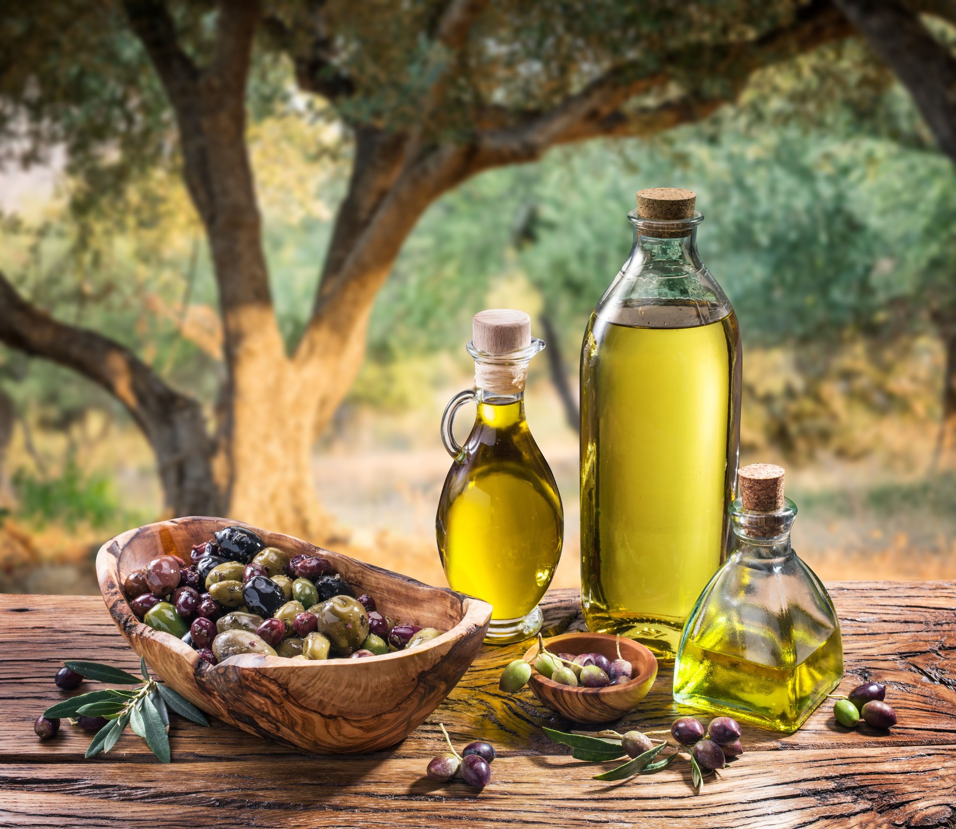 Olives and olive oil on the nature background.